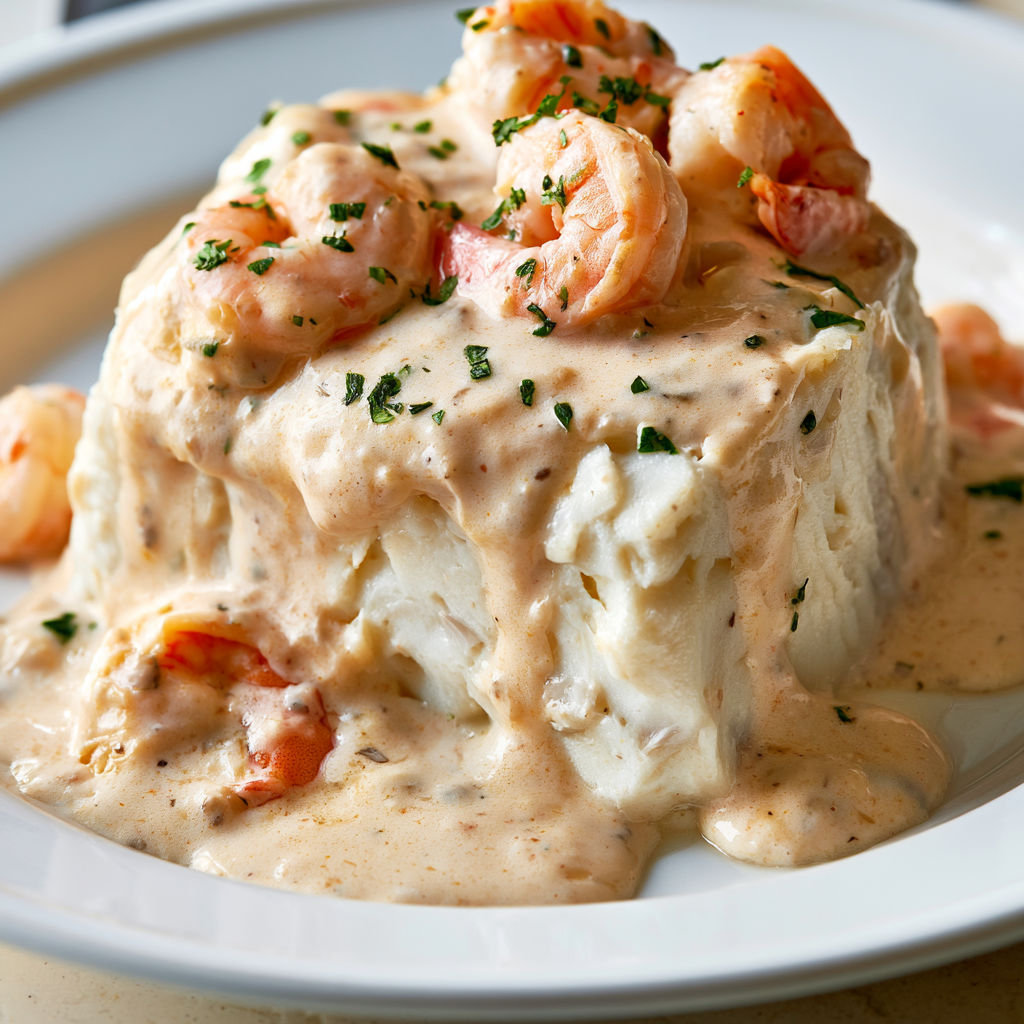 Mousse de poisson avec sauce crémeuse aux crevettes.