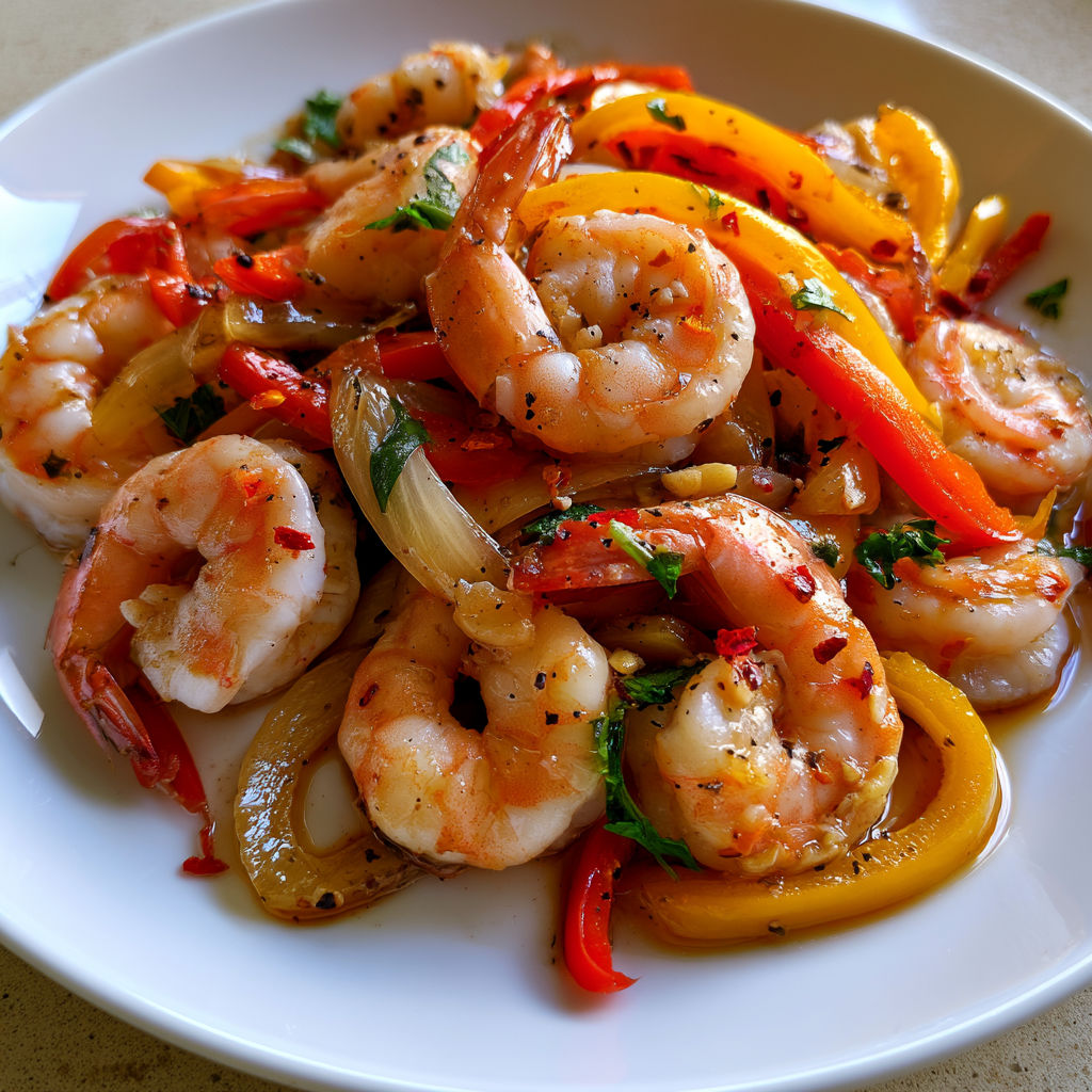 Assiette colorée avec crevettes sautées aux poivrons et herbes fraîches.