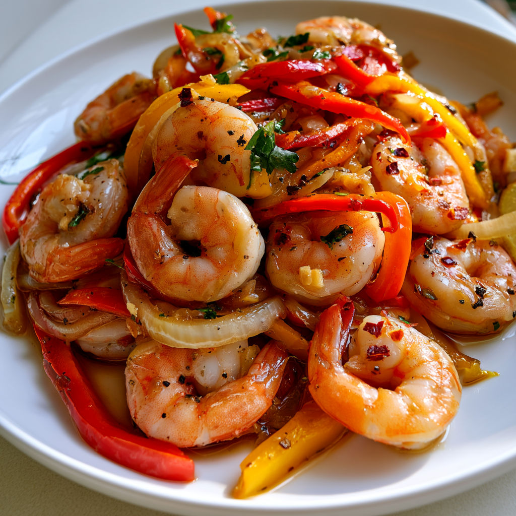 Crevettes aux poivrons prêtes en un rien de temps.