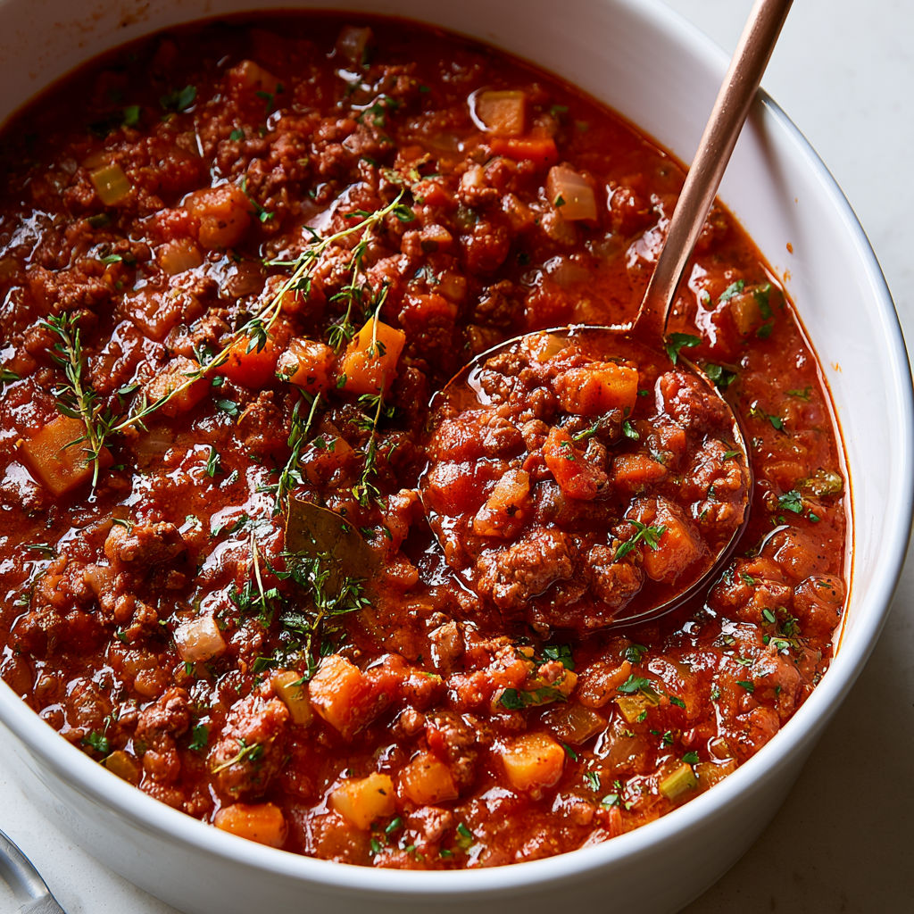 Bolognaise mijotée aux tomates et légumes.