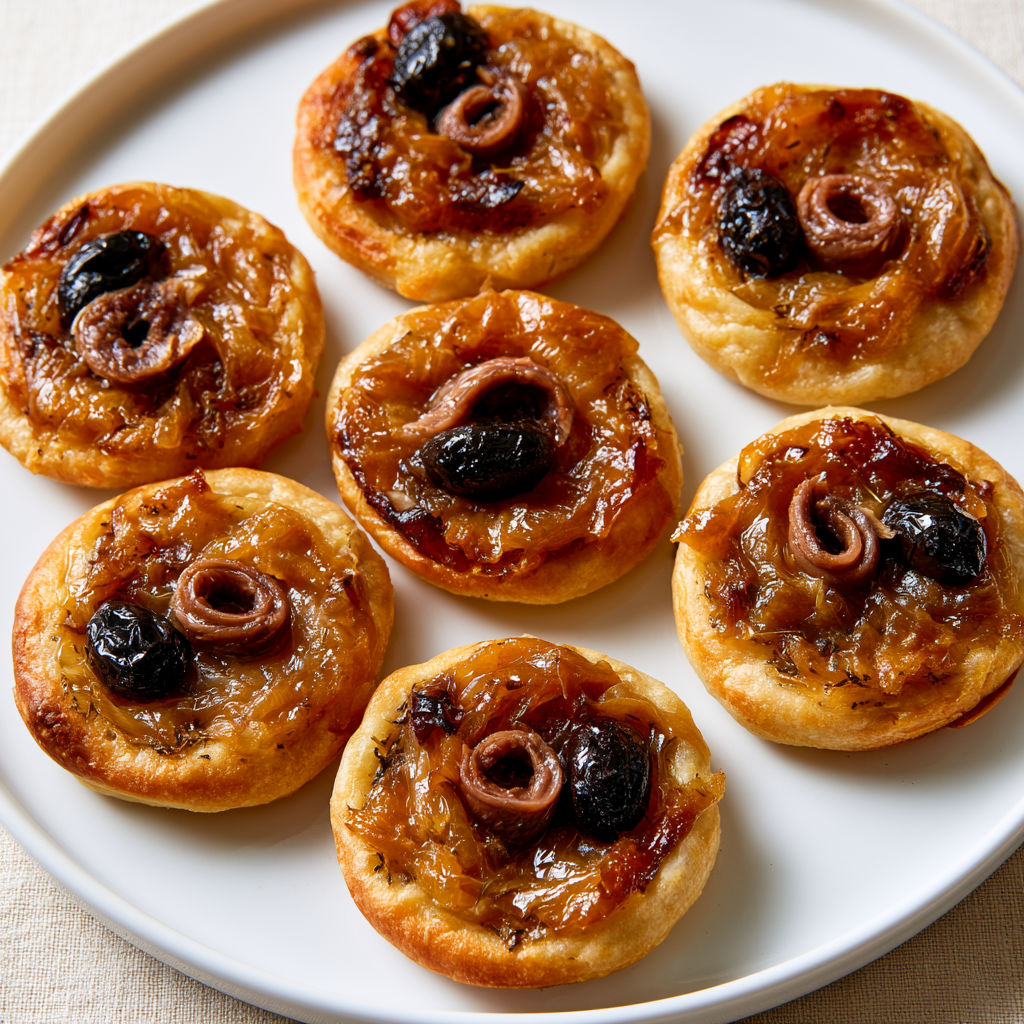 Bouchées pissaladières aux oignons fondants et anchois.