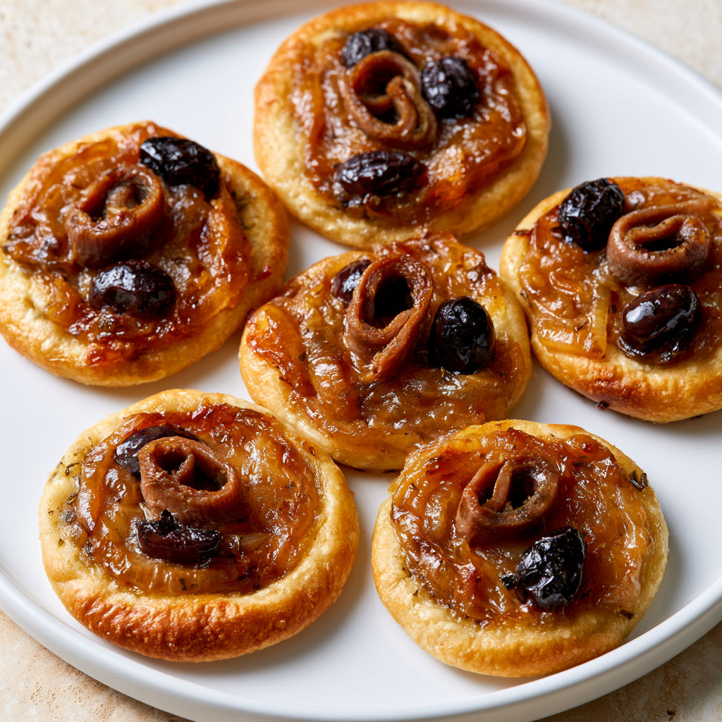 Bouchées pissaladières provençales anchois et olives noires.