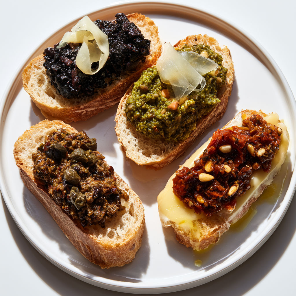 Tartines croustillantes trois tapenades fromage.
