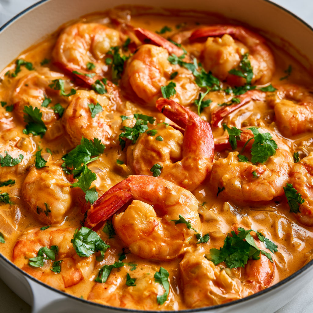 Une poêle pleine de crevettes coco curry prêtes à servir à l'airfryer.