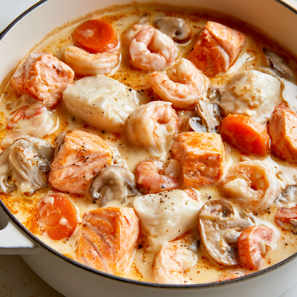 Plat onctueux au saumon, cabillaud et crevettes.