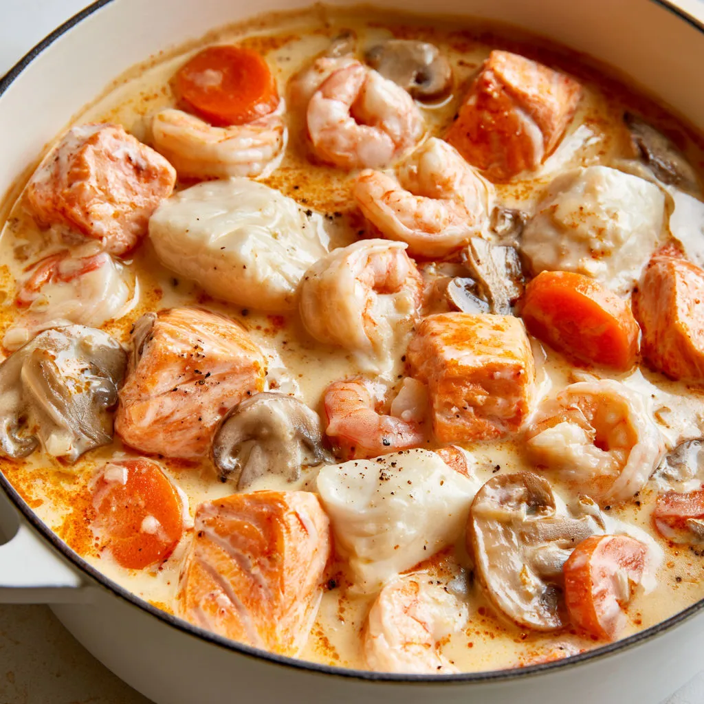 Plat onctueux au saumon, cabillaud et crevettes.