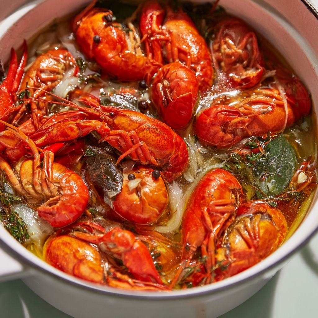 Bouillon maison d'écrevisses rouges délicieusement cuisiné.