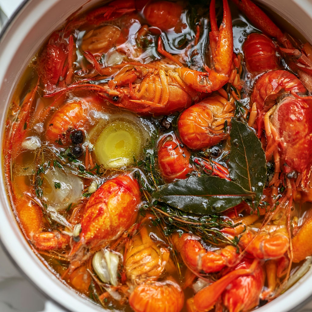 Écrevisses dans un bouillon aux herbes.