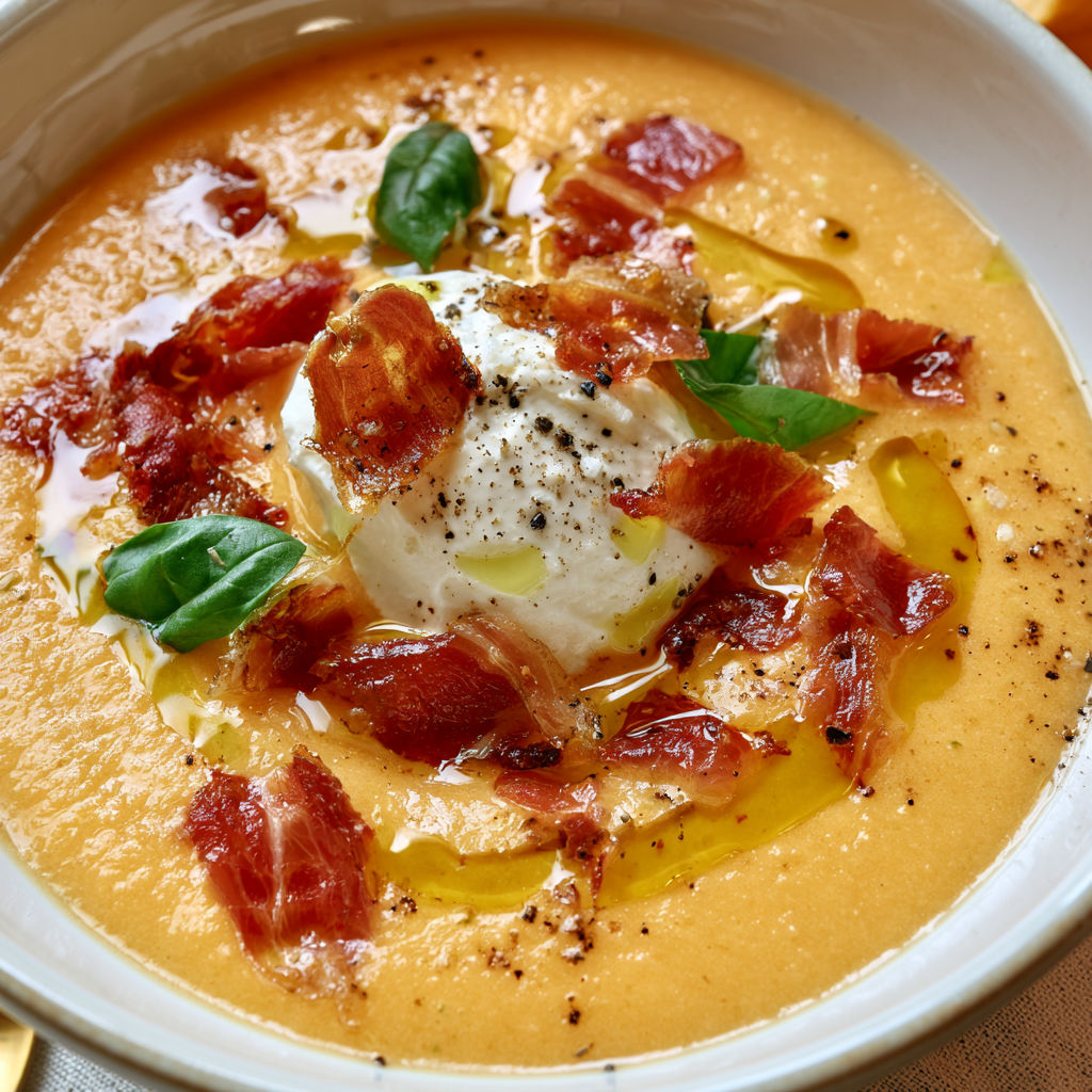 Entrée fraîche de melon et prosciutto avec un soupçon d'huile et herbes fraîches.