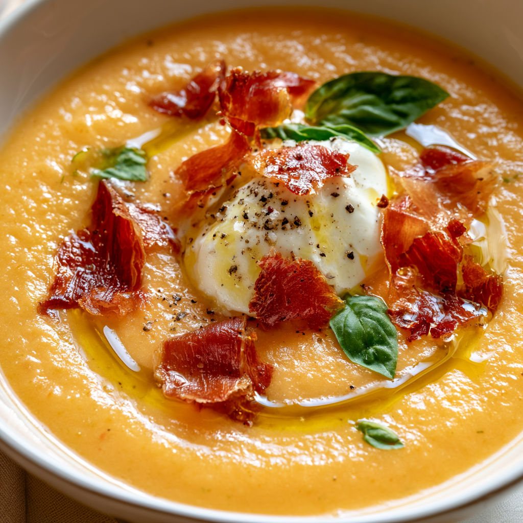 Gaspacho de melon fraîcheur avec jambon croustillant et crème légère.
