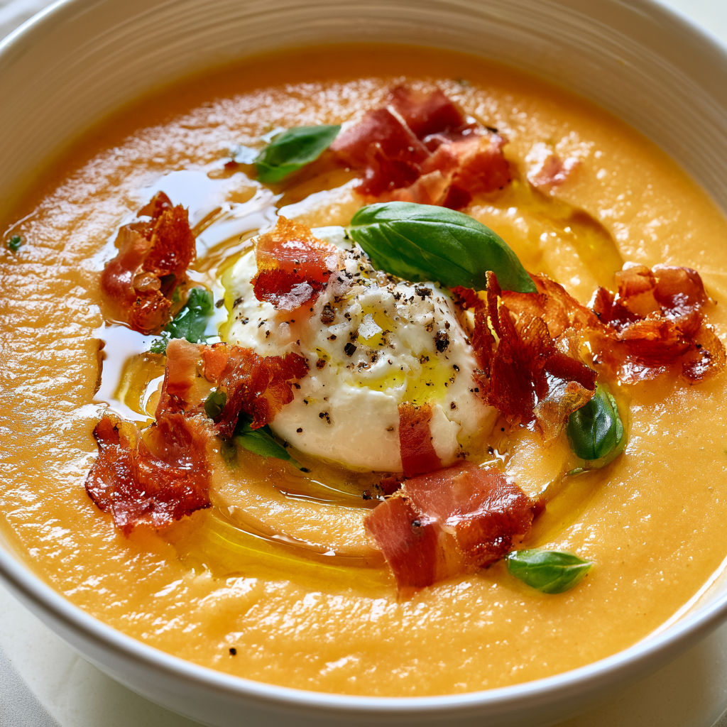 Gaspacho de melon au basilic, crème mousseuse et éclats de jambon croustillant.