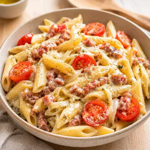 Pâtes au Boursin Lardons Tomates