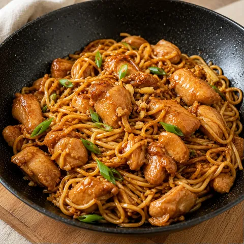 Délicieux wok de nouilles poulet