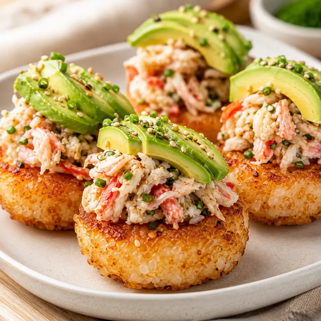 Crabe avocat riz croustillant