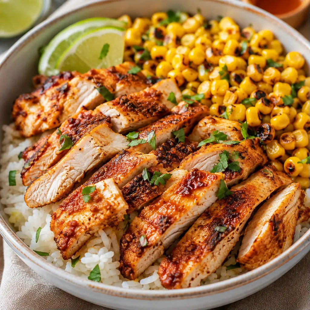 Poulet tendre avec maïs grillé
