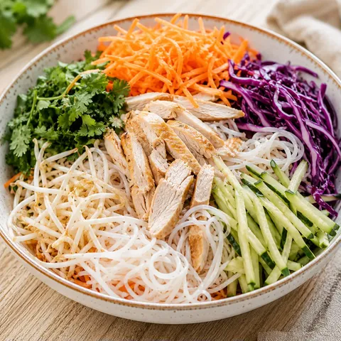 Vermicelles, du poulet, des légumes croquants