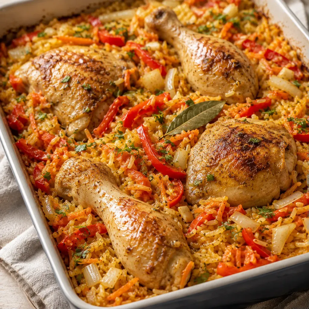 Four poulet et riz aux légumes