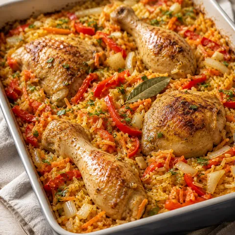 Four poulet et riz aux légumes