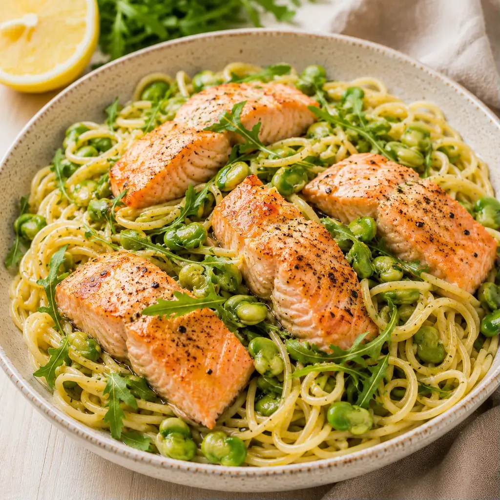 Saumon fèves spaghettis