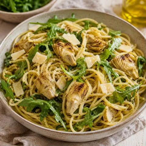 Artichauts roquette spaghettis
