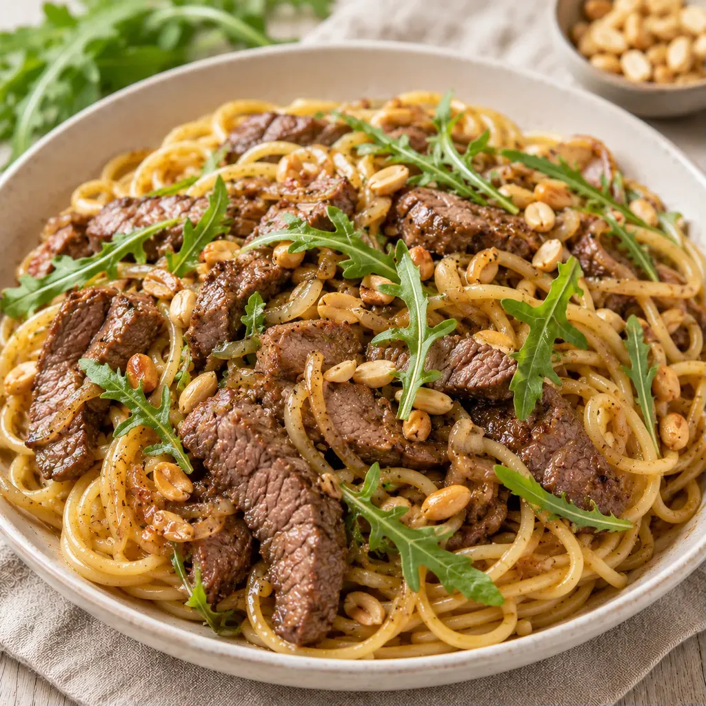 Bœuf cacahuètes spaghetti