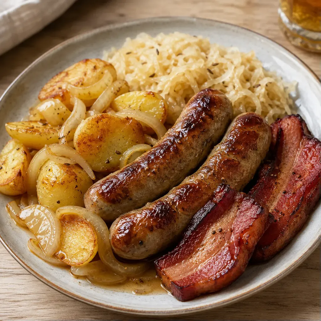 Bratwurst et pommes dorées