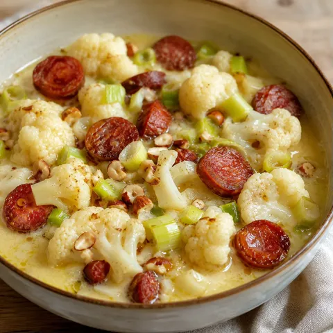 Chou-fleur, chorizo et noisettes