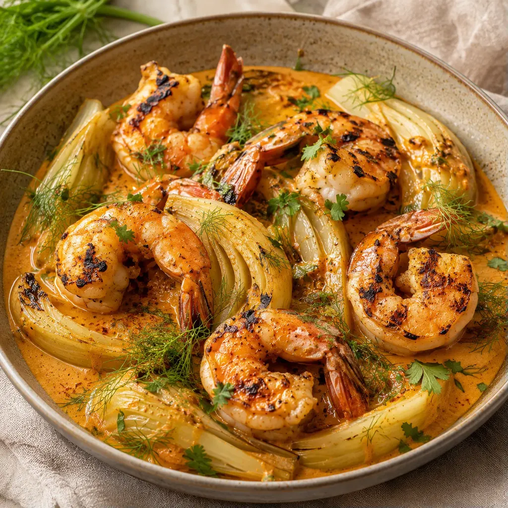 Crevettes et fenouil grillés