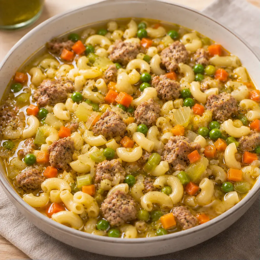 Pâtes saucisse pois doux
