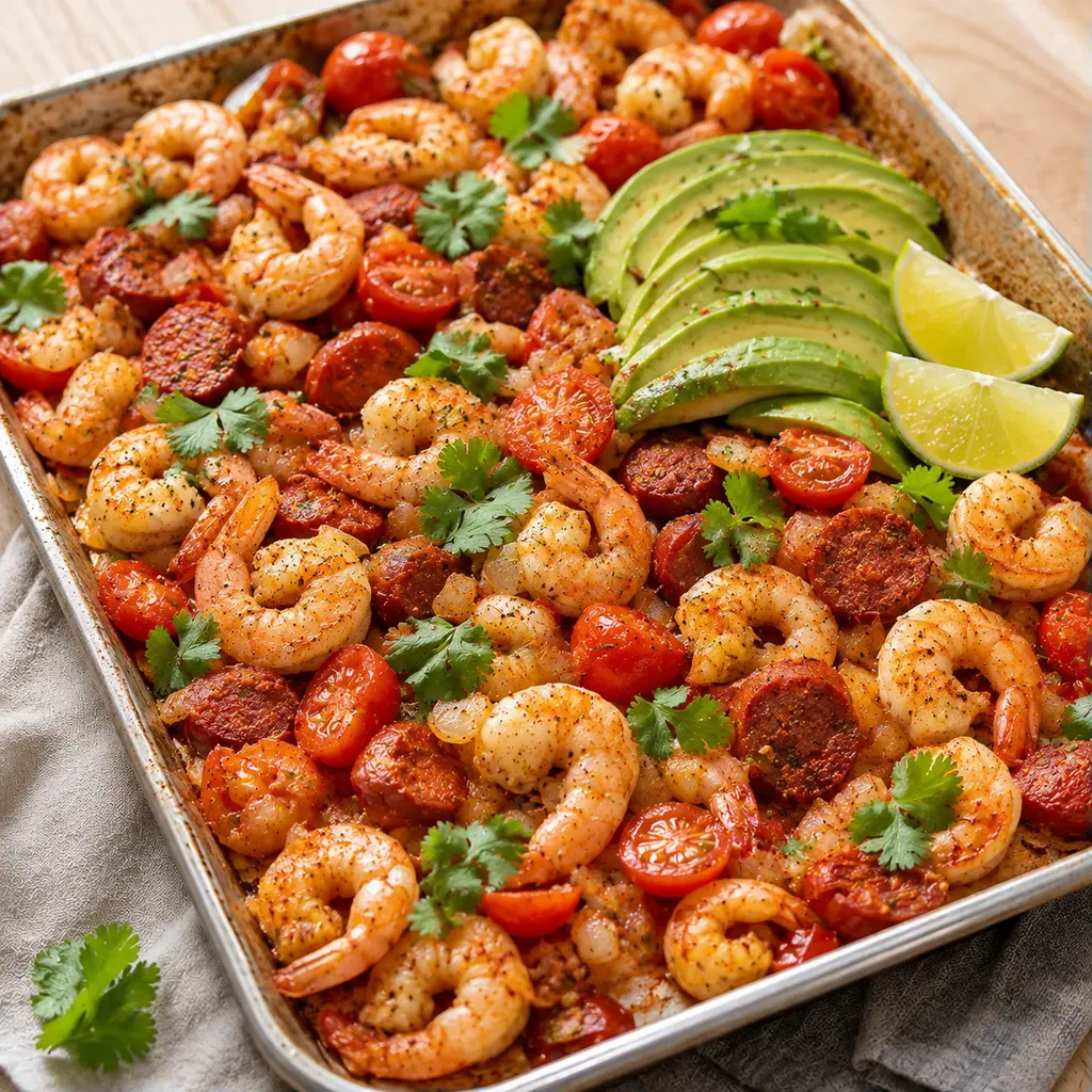 Crevettes, chorizo au four