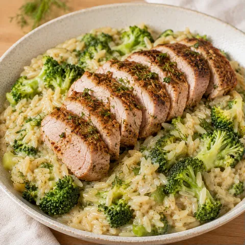 Brocoli, orzotto et porc