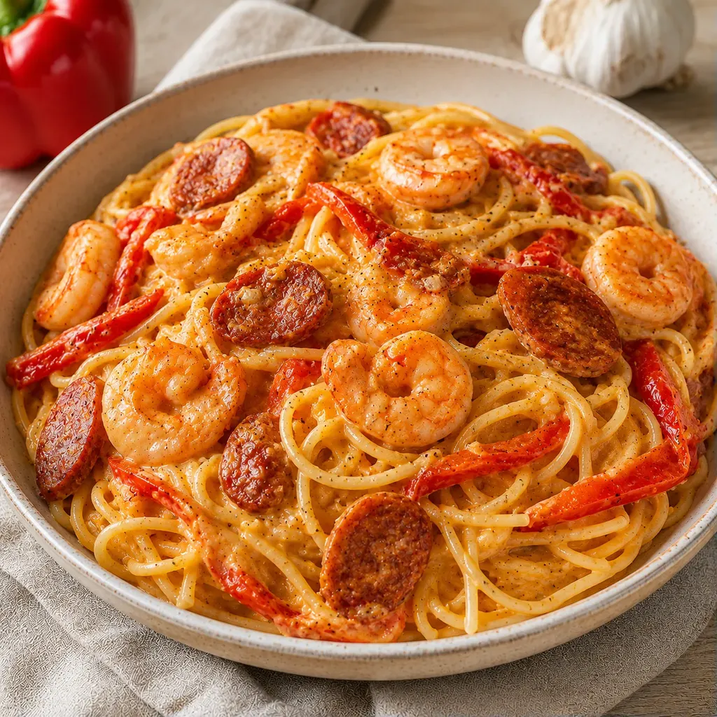 Pâtes Poivron Crevettes Chorizo