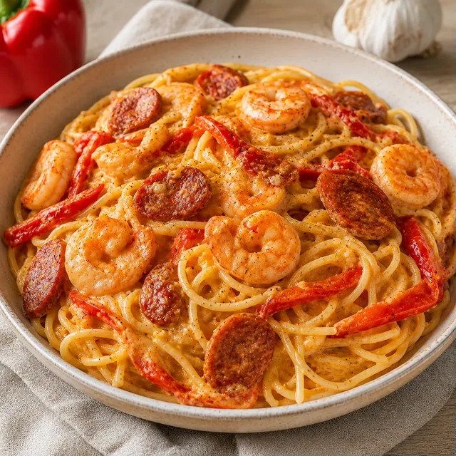 Pâtes Poivron Crevettes Chorizo
