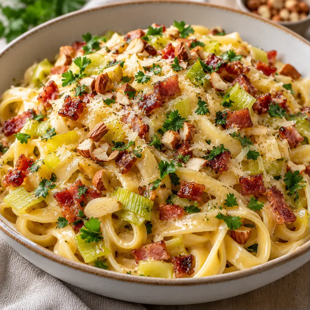Poireaux bacon noix pâtes