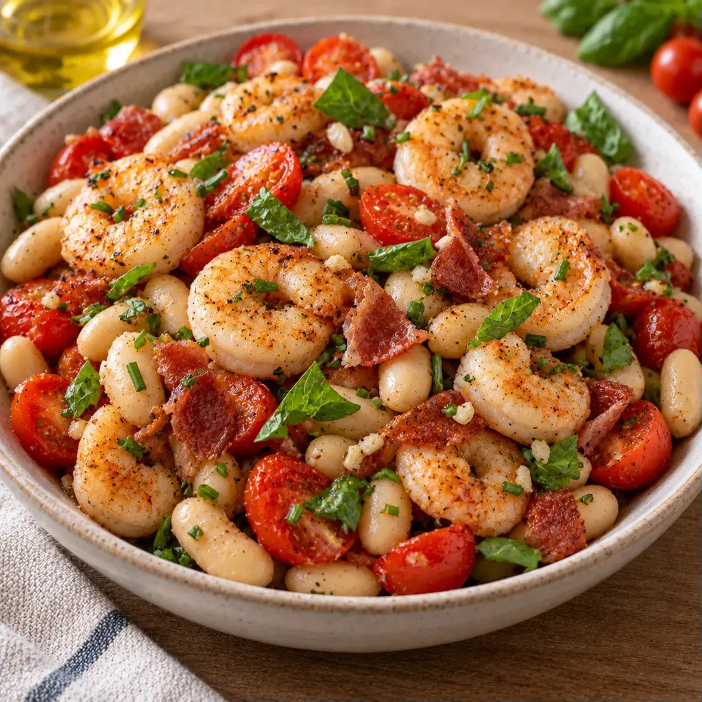 Haricots crevettes pancetta