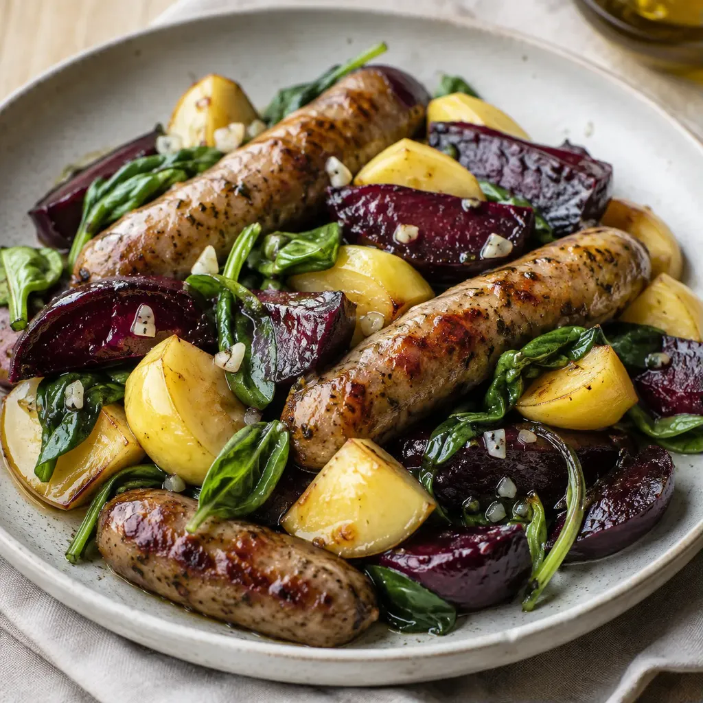 Pommes saucisses betteraves dorées