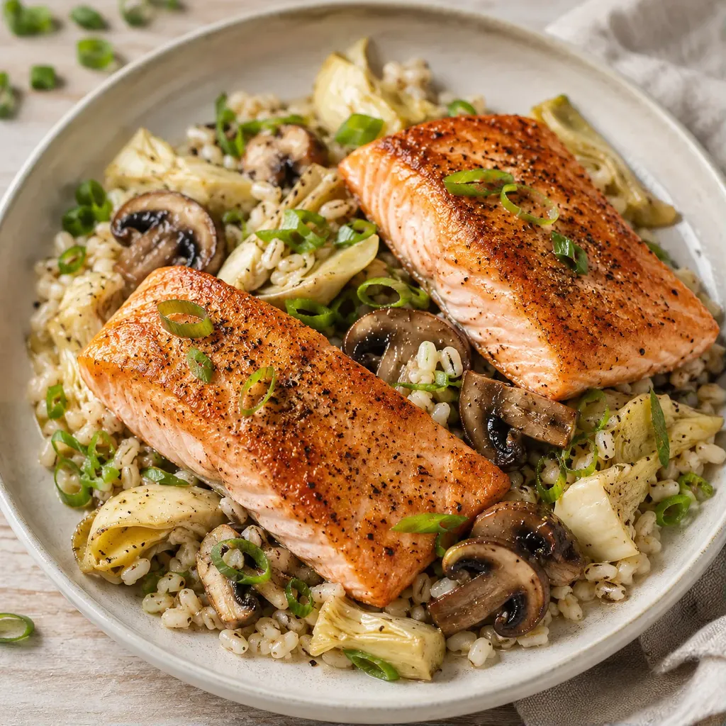 Saumon croustillant orge légumes