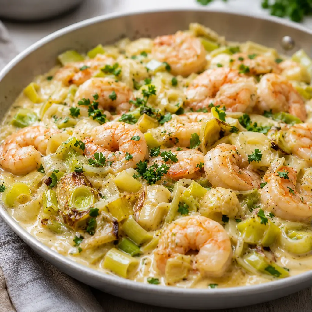 Crevettes poireaux crémeux