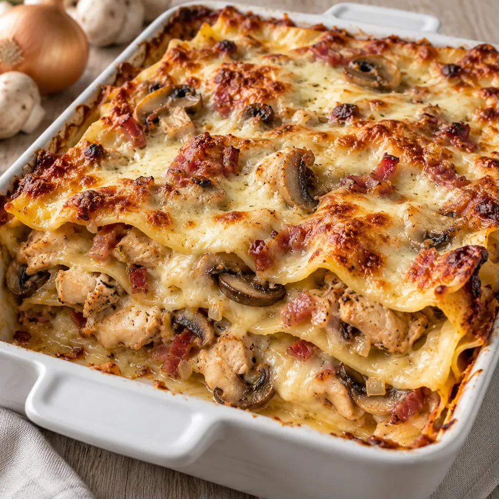 Poulet, pancetta, lasagne