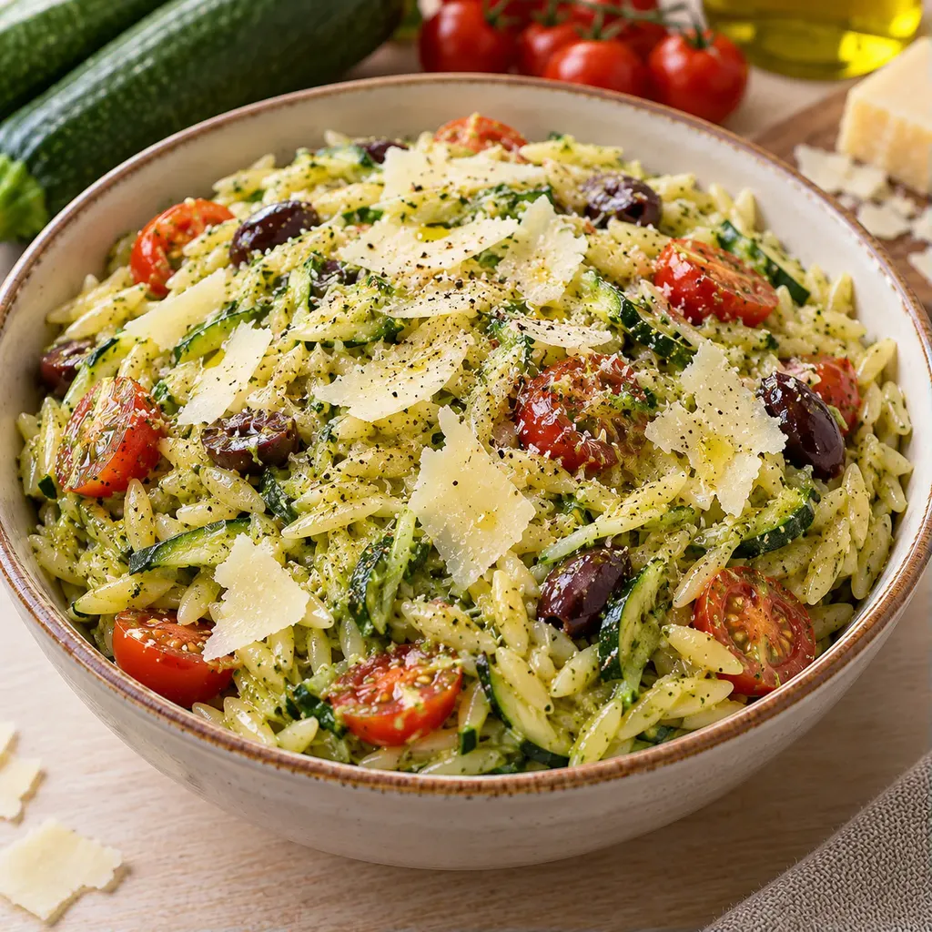 Orzo pesto courgettes olives