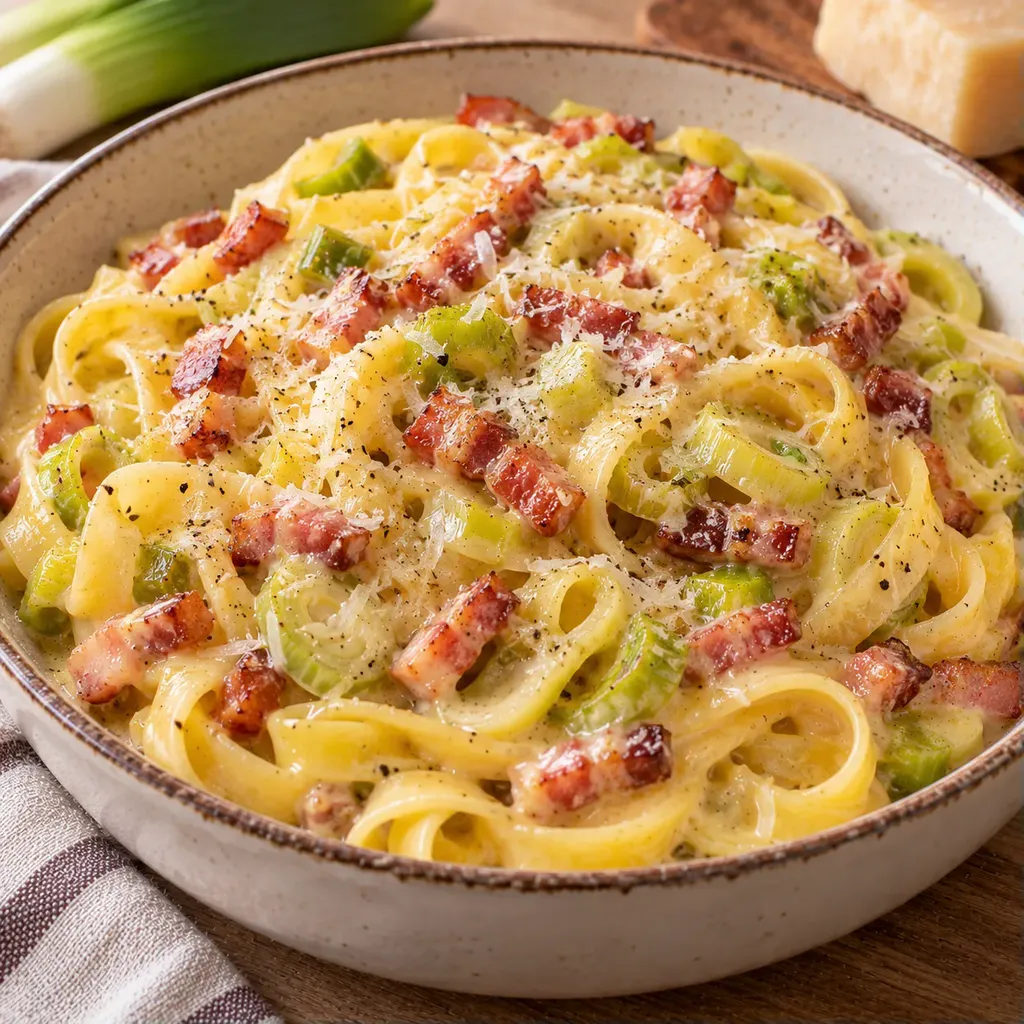 Poireaux et lardons carbonara