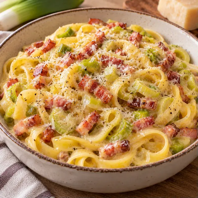 Poireaux et lardons carbonara