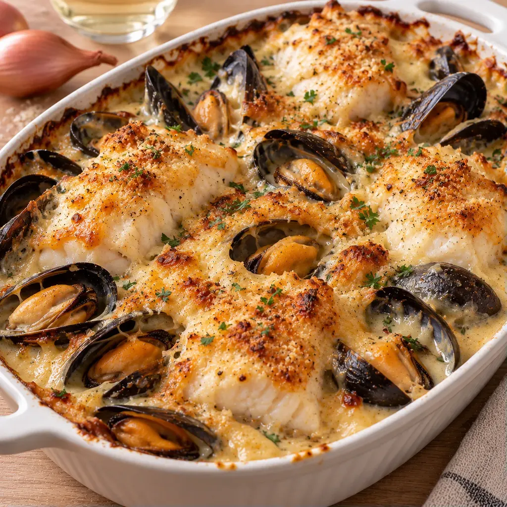 Moules poisson blanc gratiné