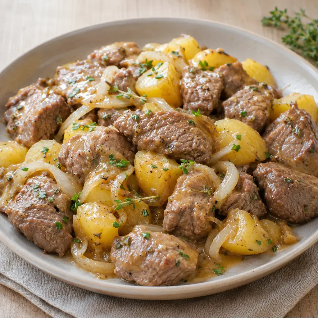 Viande moutarde pommes