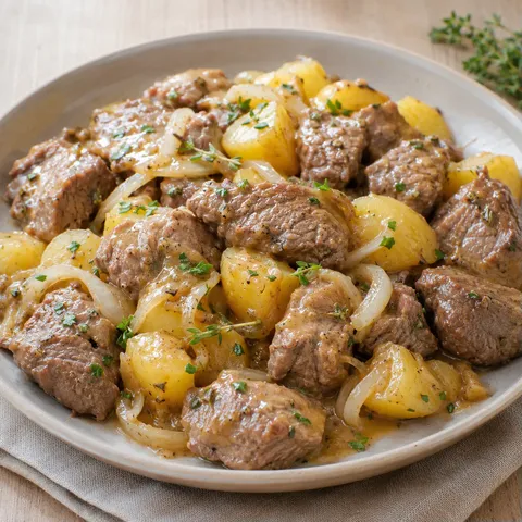 Viande moutarde pommes