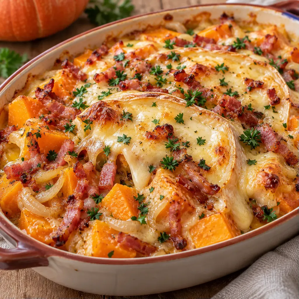 Courge gratinée lardons
