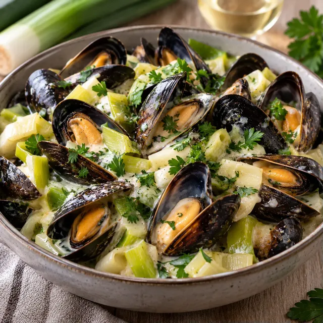 moules et poireaux vin