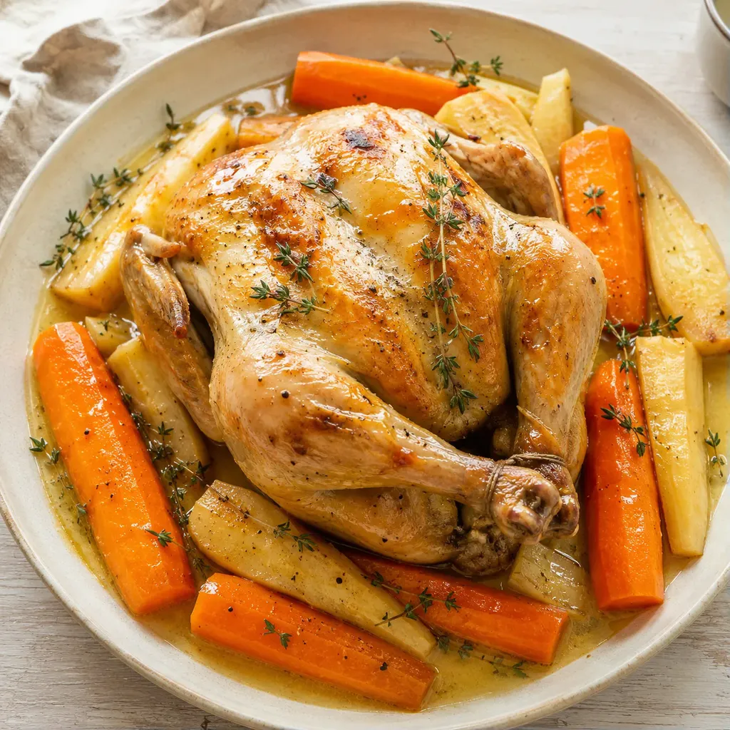 chapon et légumes doux