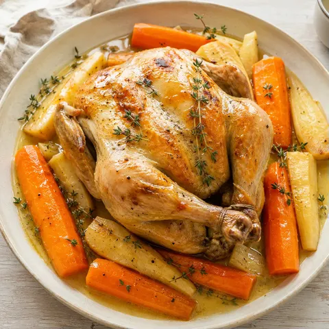chapon et légumes doux