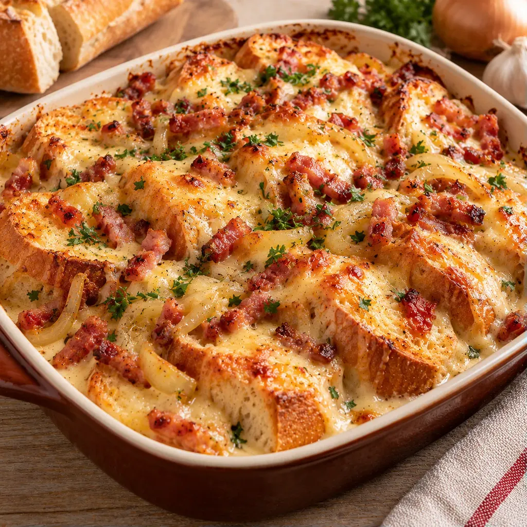 Gratin baguette fromage lardons